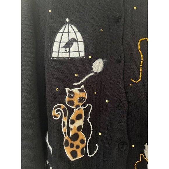 All Points Reference Black Applique Felt Cat Cardigan Sweater Collared Beaded M - Picture 4 of 7